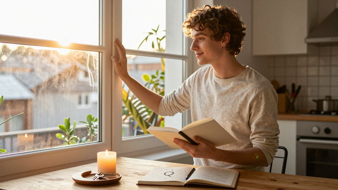 Jovem a olhar pela janela enquanto segura um livro, com caderno e vela numa mesa de madeira.