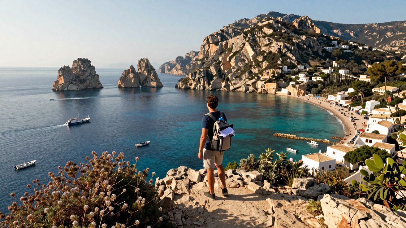 Homem de mochila observa praia e mar com barcos e rochedos numa vila costeira ensolarada.