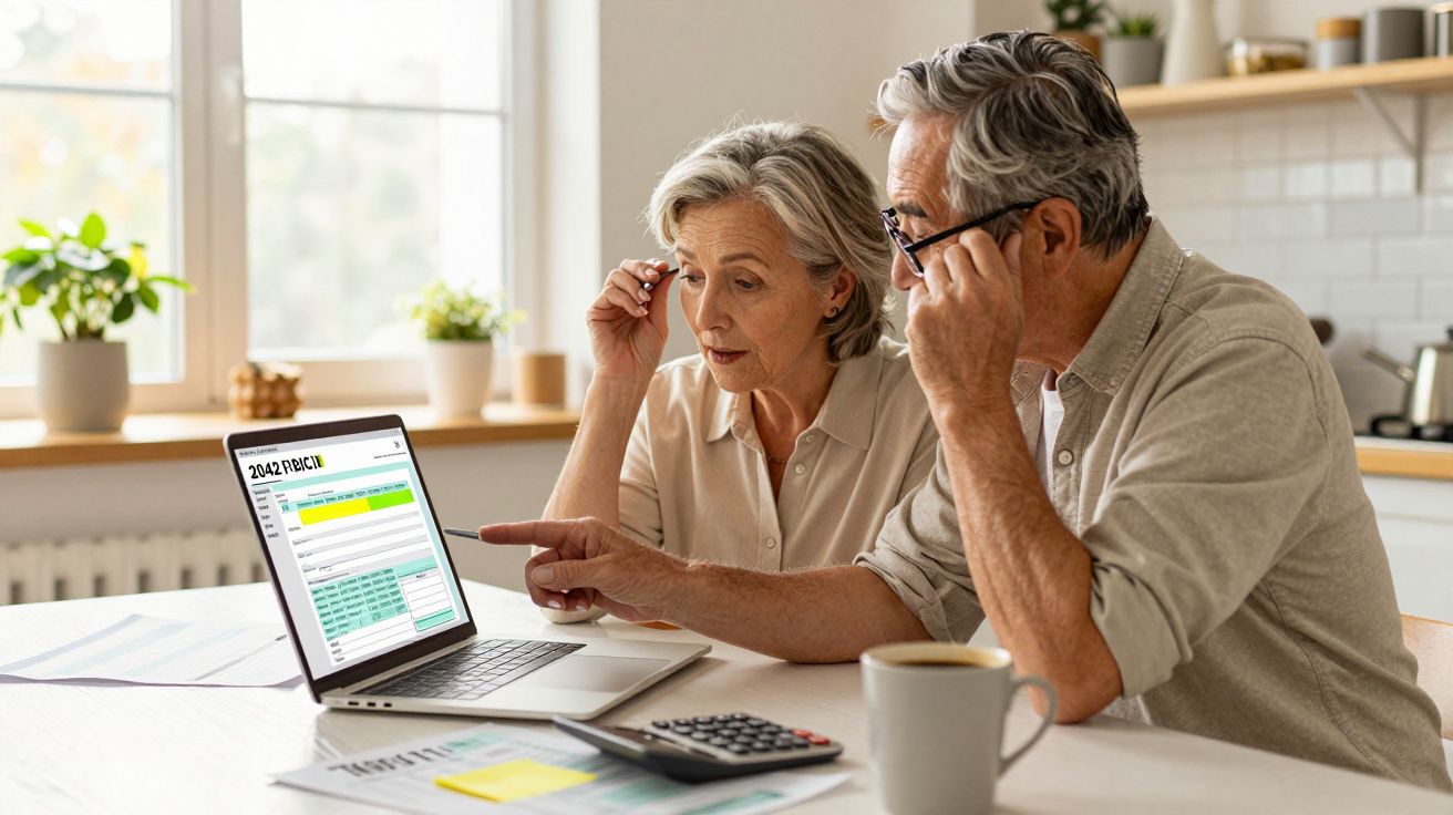 Casal sénior a analisar documentos financeiros num computador portátil numa cozinha iluminada.