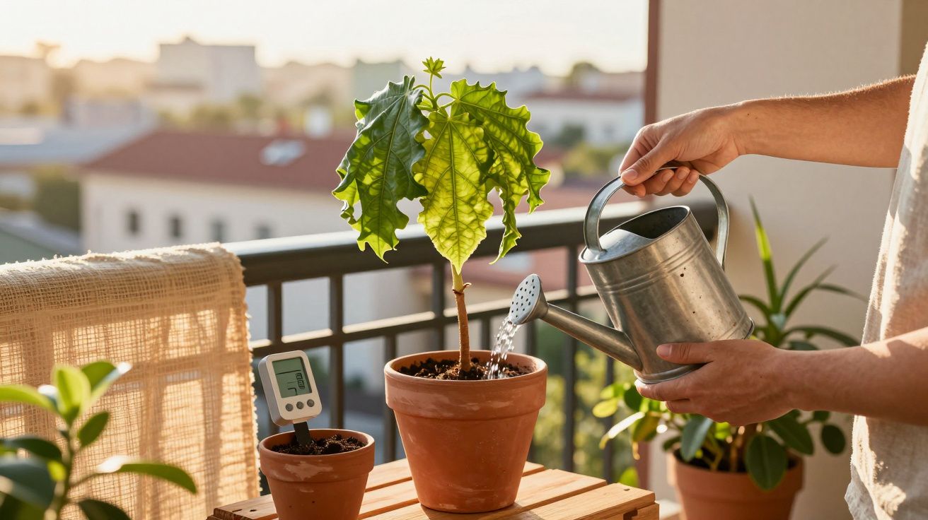 Pessoa a regar planta grande em vaso de barro numa varanda com luz solar ao final do dia.