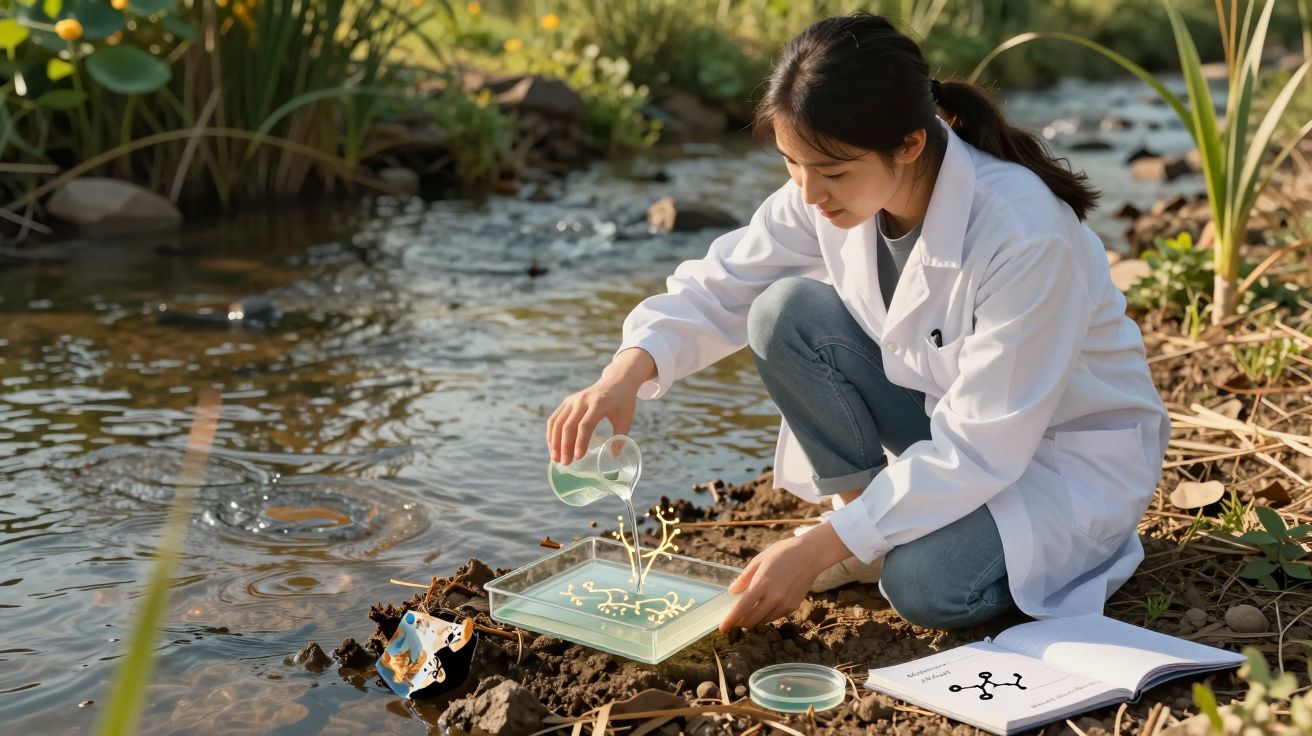 Mulher de bata branca analisa amostras de água junto a um rio, com livro aberto e material científico.