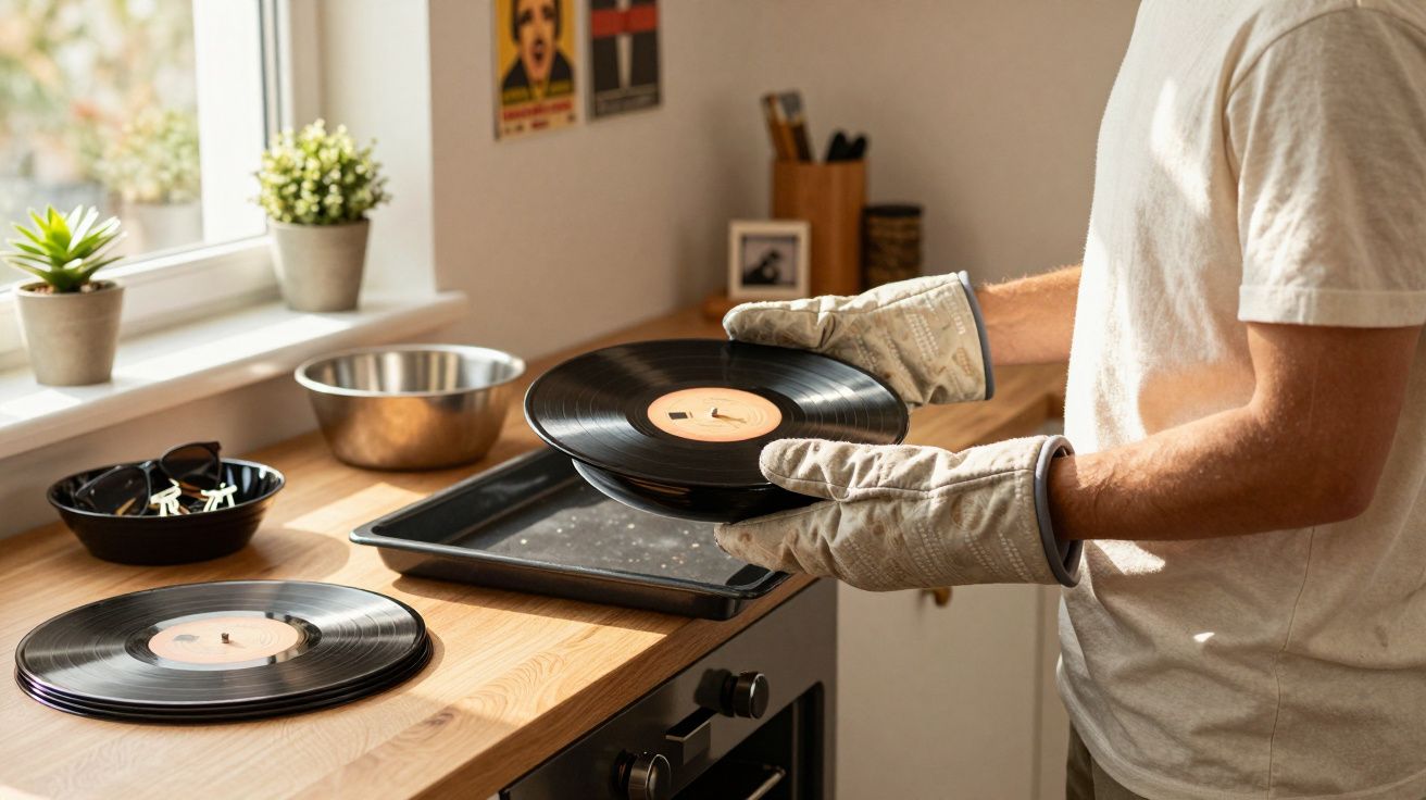 Pessoa a manusear discos de vinil com luvas térmicas na cozinha junto a uma bancada de madeira.