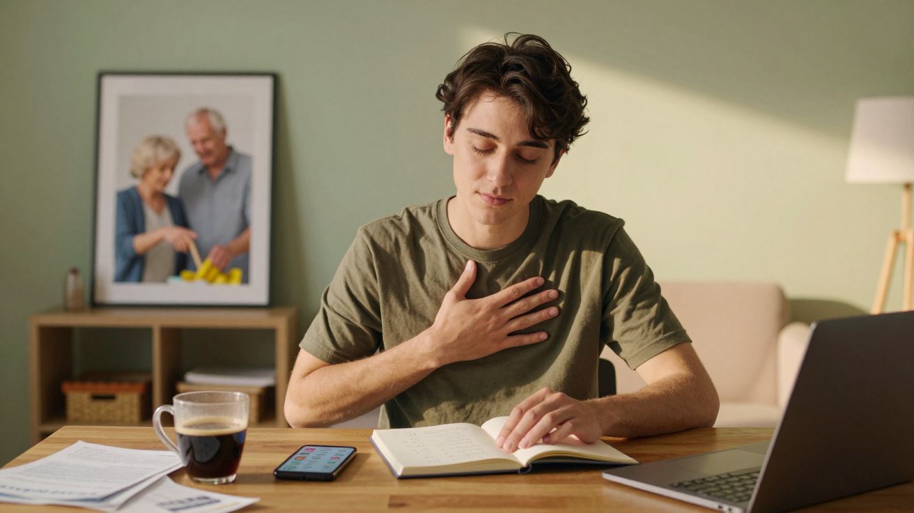 Jovem sentado numa mesa fechando os olhos e a mão no peito enquanto lê um livro aberto.