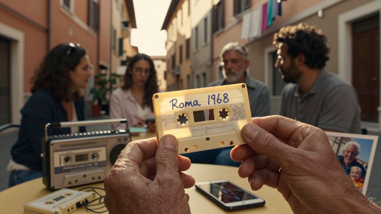 Pessoa a segurar cassete rotulada "Roma 1968" com grupo de quatro pessoas e rádio antigo ao fundo.