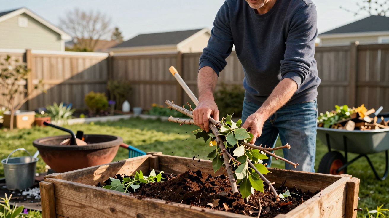 Homem a mexer terra num canteiro elevado de madeira com paus e folhas num jardim.