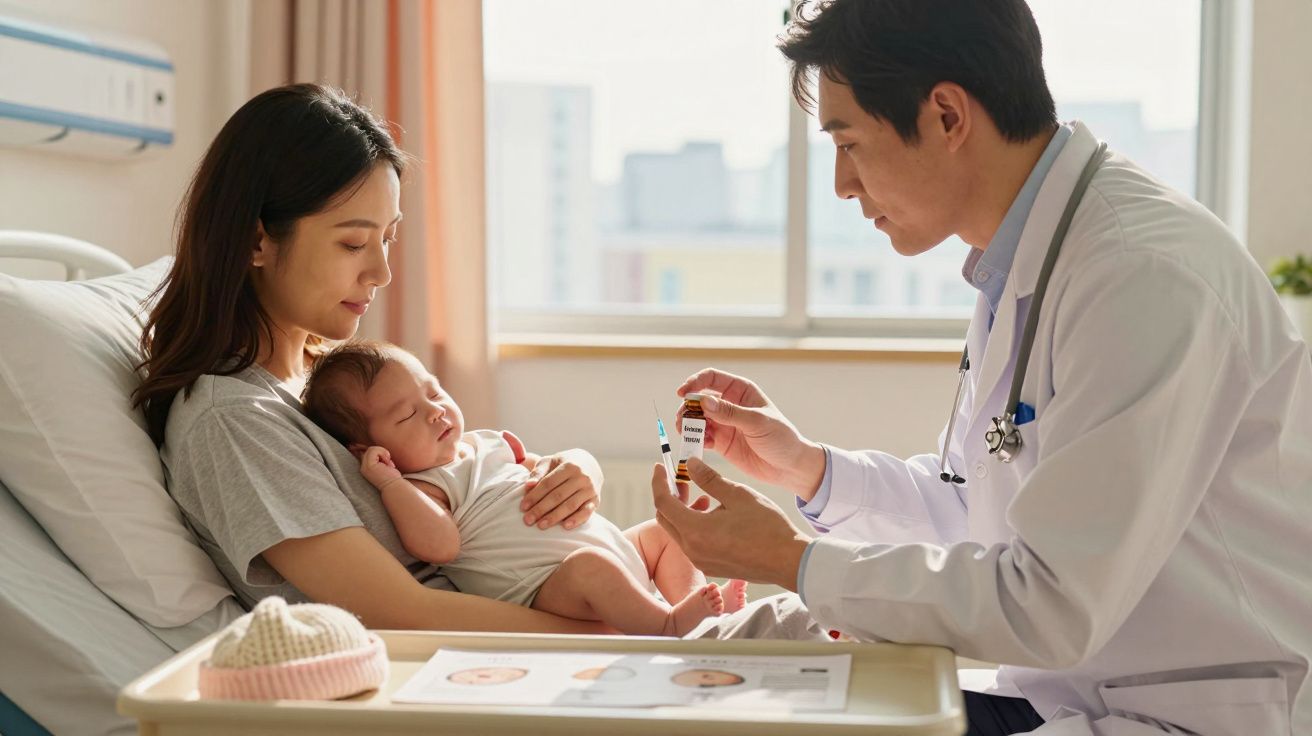 Mãe segura bebé no hospital enquanto médico explica vacinação segura para recém-nascido.