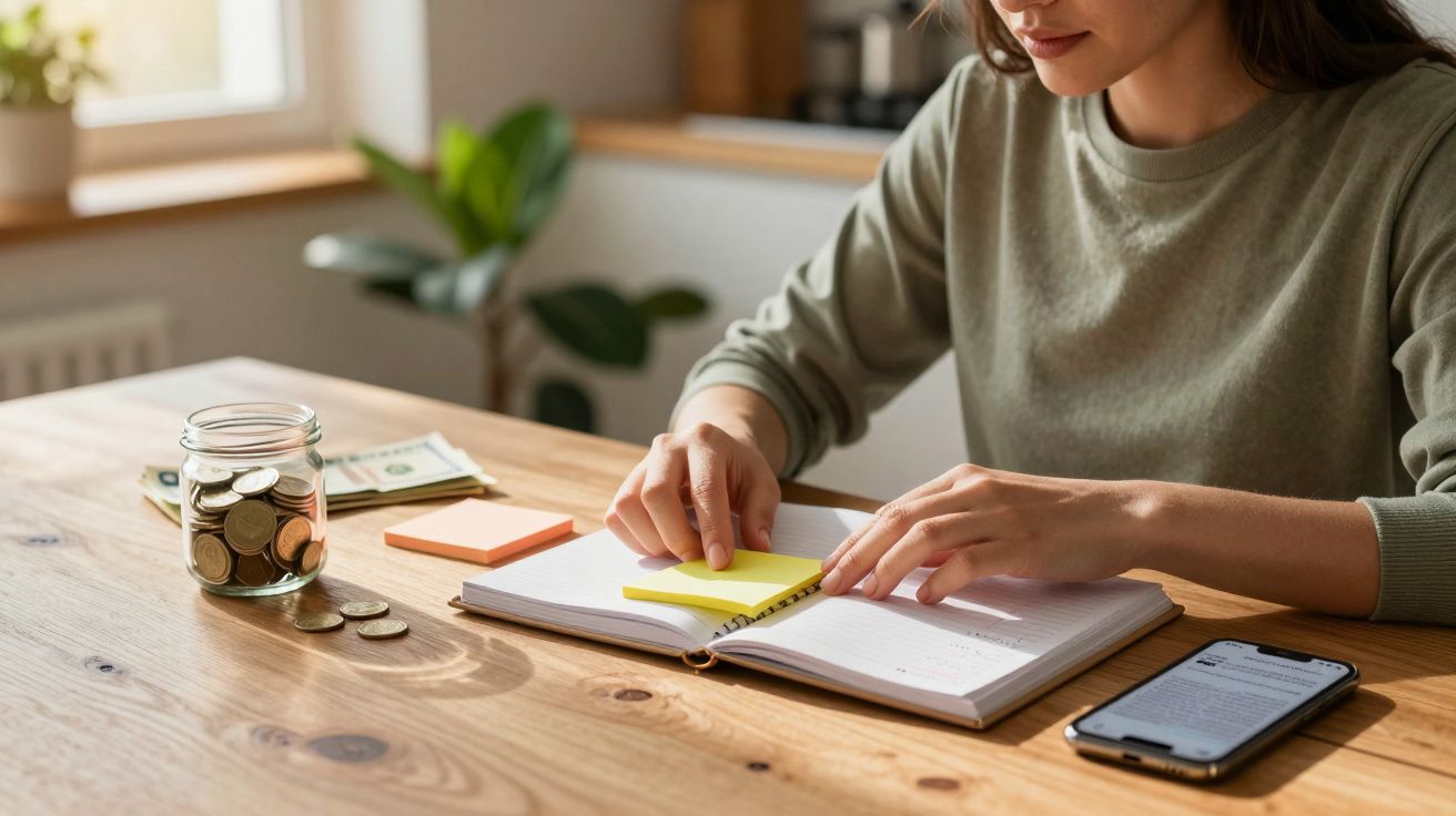 Pessoa sentada a apontar notas adesivas numa agenda, com frasco de moedas e telemóvel numa mesa de madeira.
