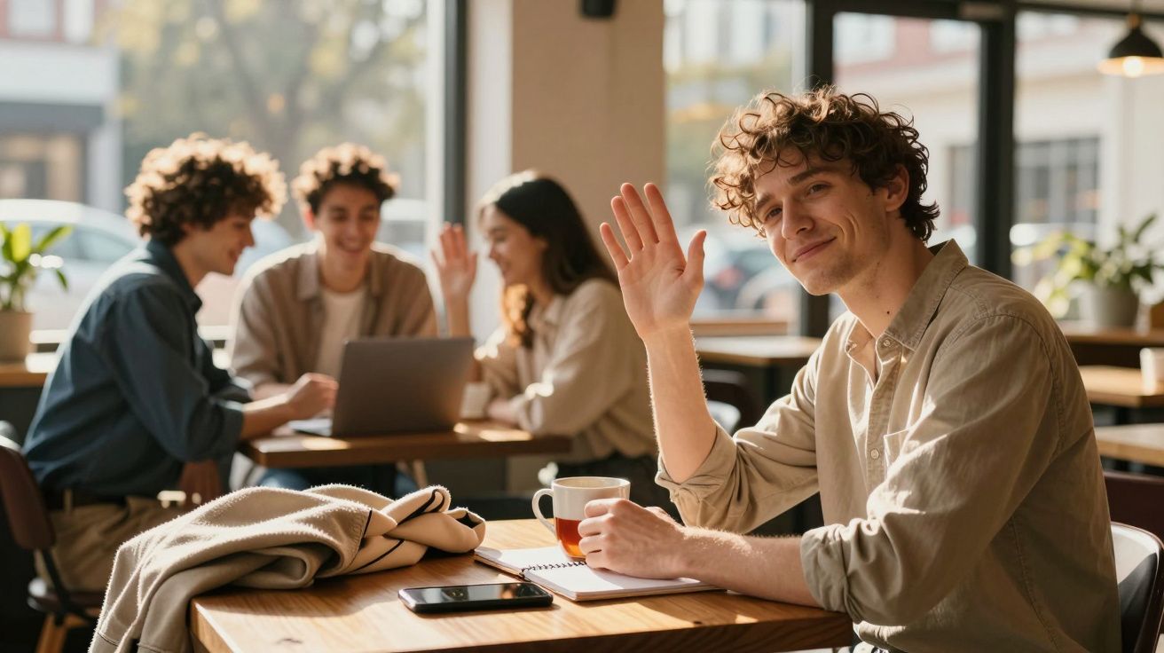 Jovem a acenar sentado à mesa de café com amigos a conversar e usar computador portátil ao fundo.