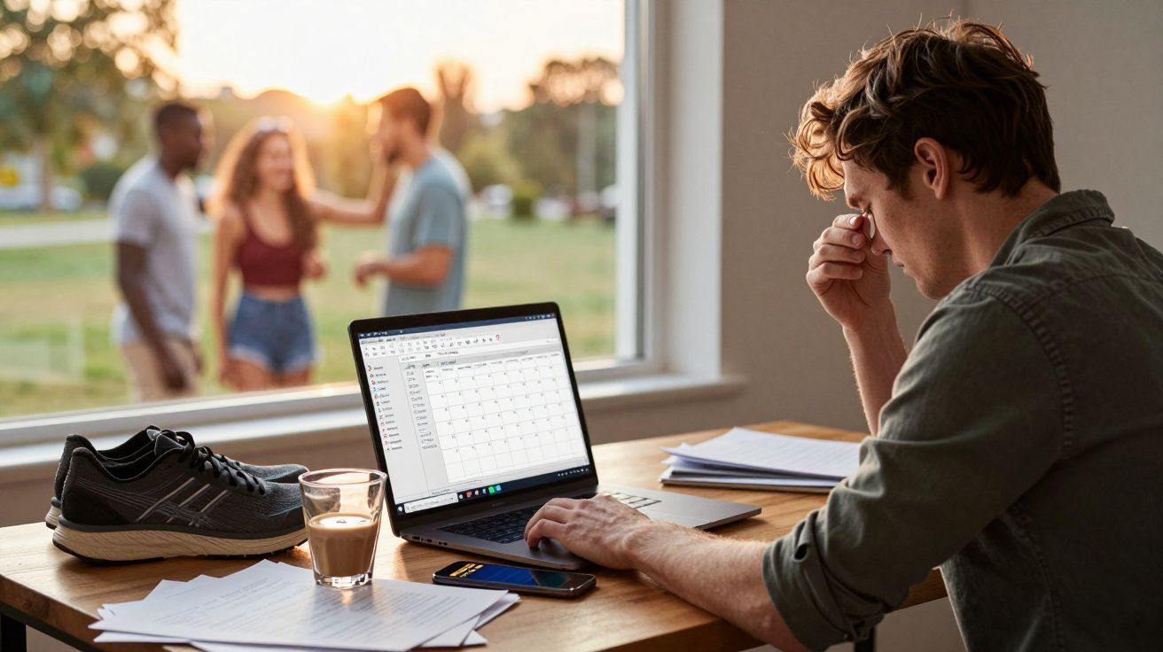 Homem sentado a trabalhar no computador, com olhar preocupado, enquanto três pessoas conversam do lado de fora.