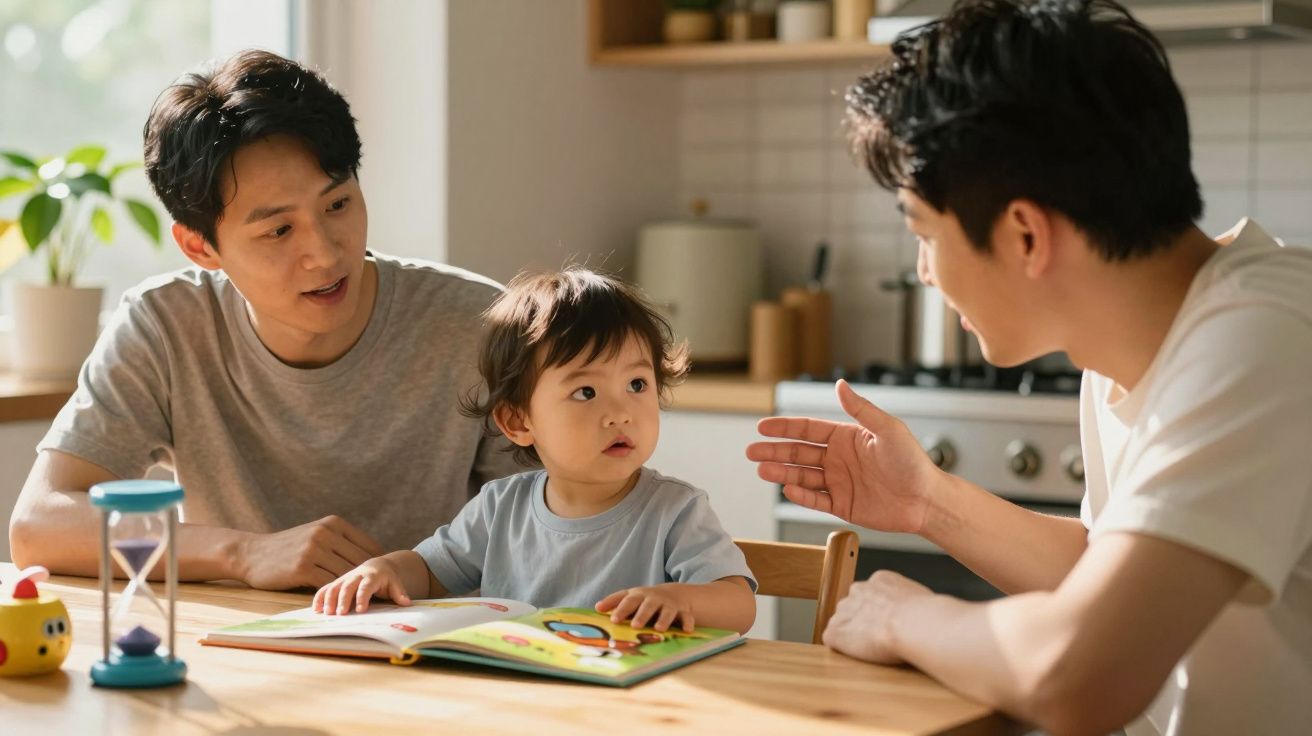Duas crianças e um adulto sentados à mesa a ler um livro colorido numa cozinha iluminada.