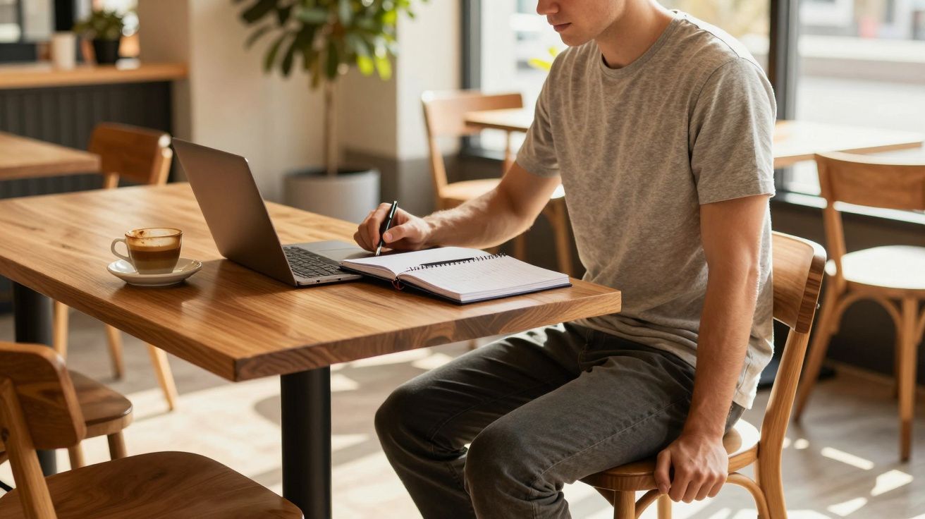 Pessoa a escrever numa agenda com um portátil e uma chávena de café numa mesa de madeira num café iluminado.