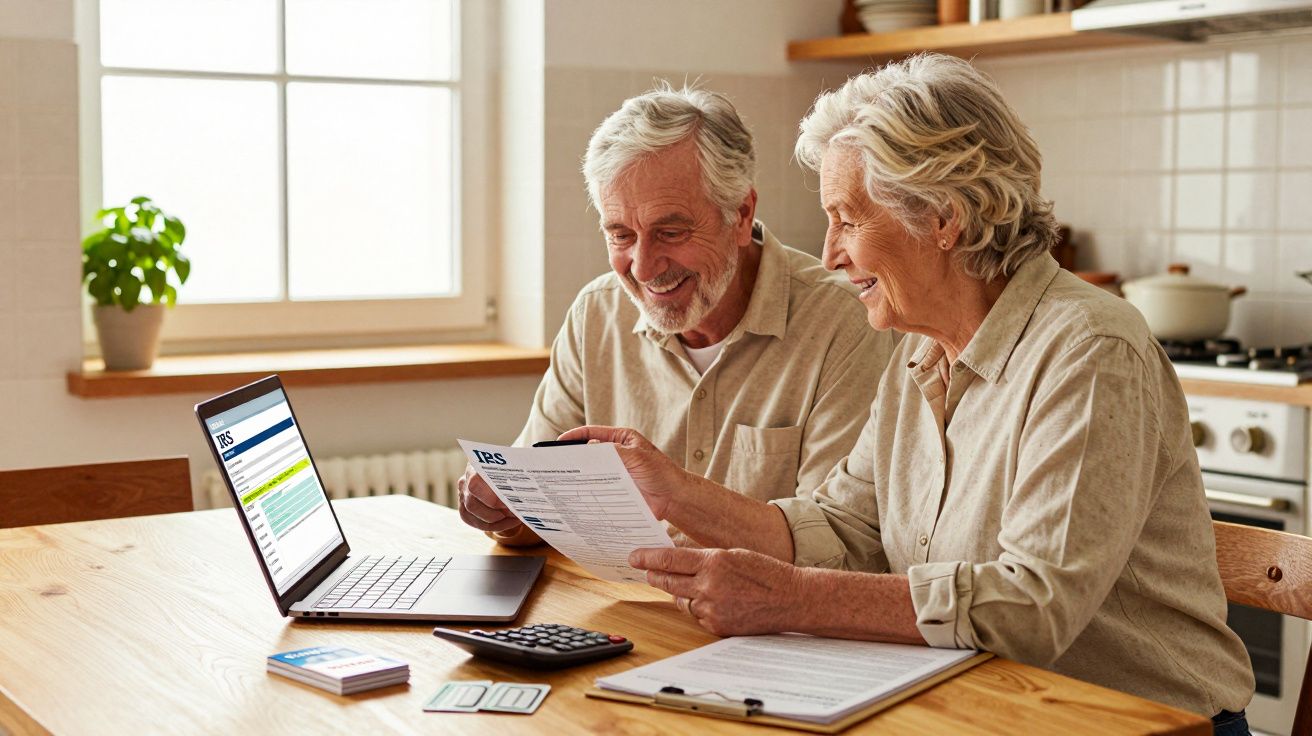 Casal sénior sentado à mesa a analisar documentos e dados num computador portátil numa cozinha iluminada.