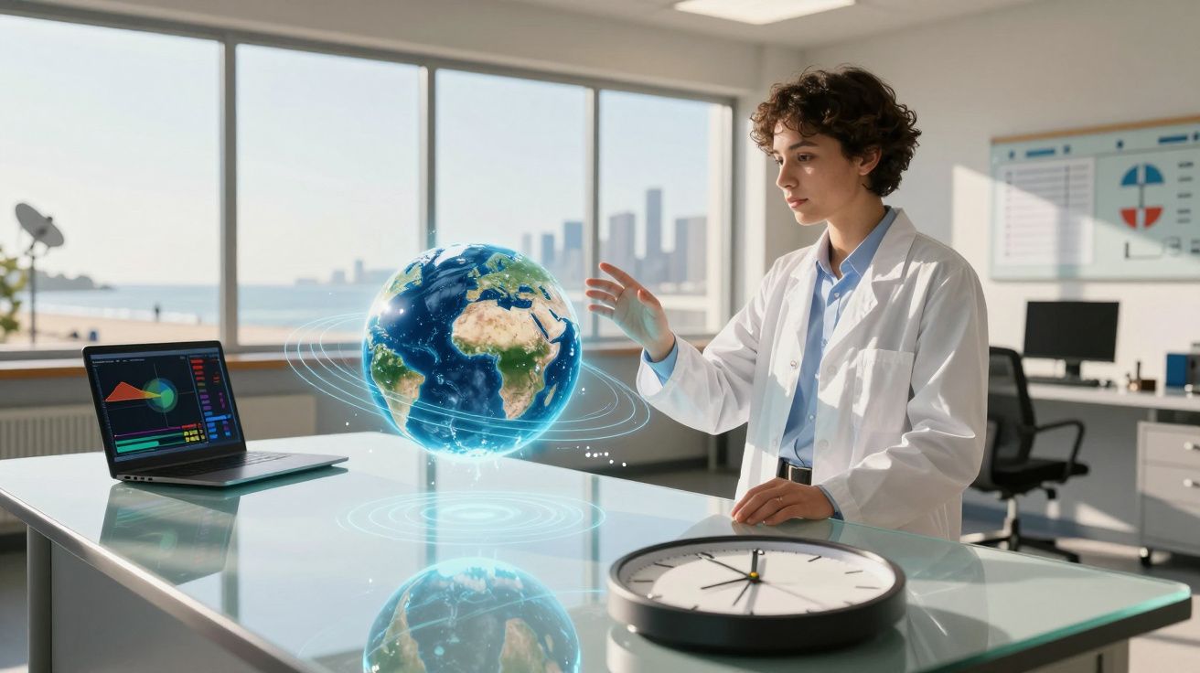 Cientista mulher interage com modelo 3D holográfico do planeta Terra numa sala luminosa de escritório.