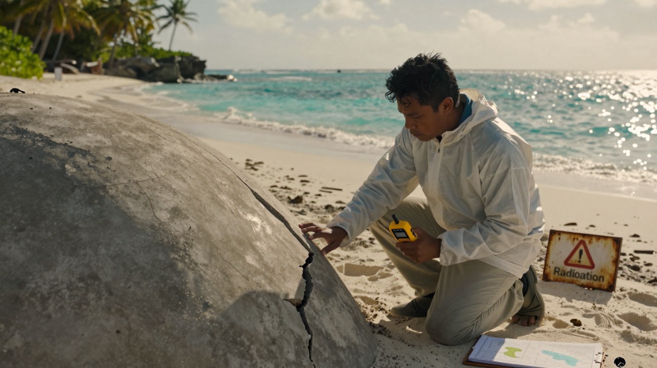 Homem de fato protetor examina objeto metálico rachado numa praia com sinal de radiação visível.