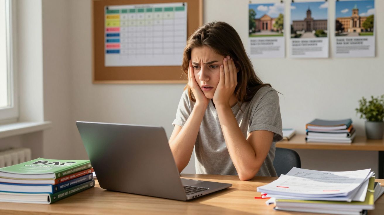 Jovem estudante preocupada a olhar para o computador, rodeada de livros e apontamentos numa mesa de estudo.