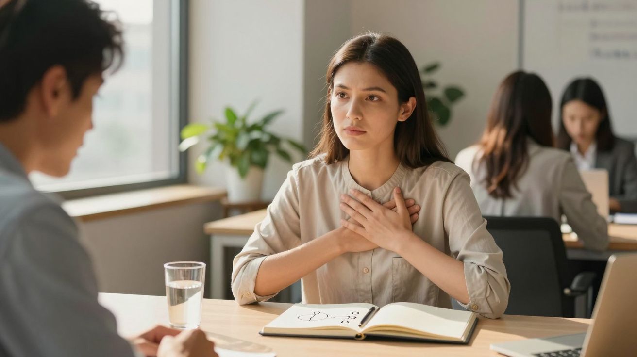Mulher jovem com expressão séria a falar com colega numa mesa de escritório, mãos ao peito.
