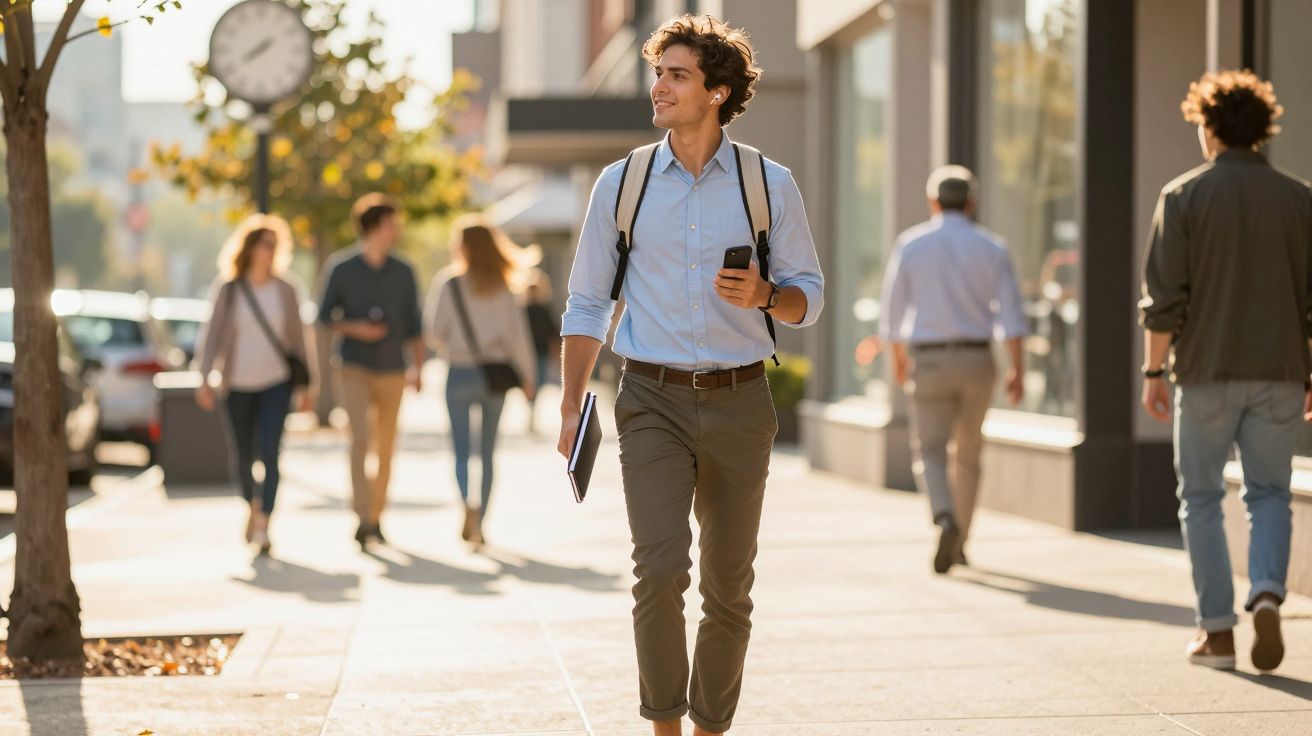 Homem jovem com camisa azul e mochila, a caminhar numa calçada urbana com outras pessoas ao fundo.
