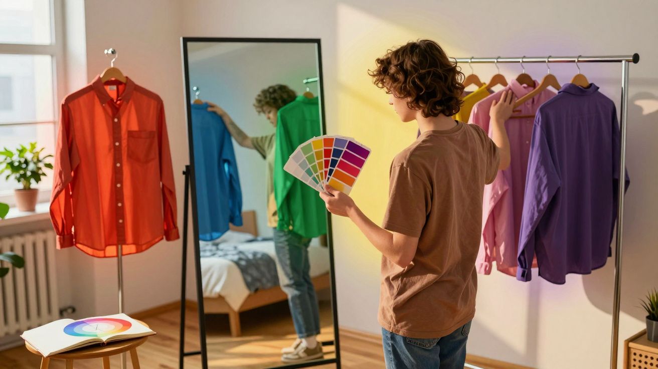 Jovem segura amostra de cores e escolhe camisa num cabide junto a espelho numa divisão iluminada.