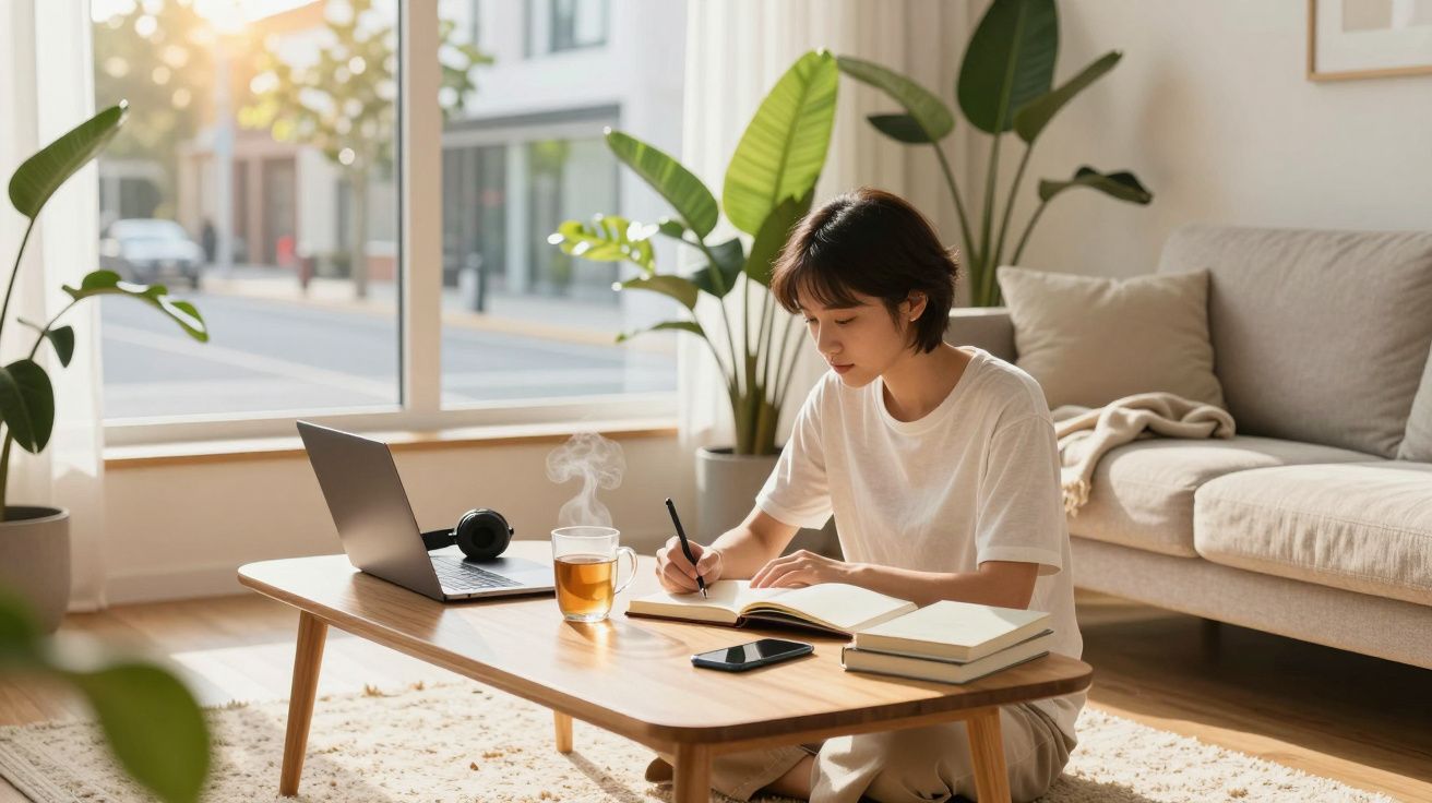Pessoa sentada no chão a estudar com caderno, computador, chá e telemóvel numa sala iluminada e confortável.
