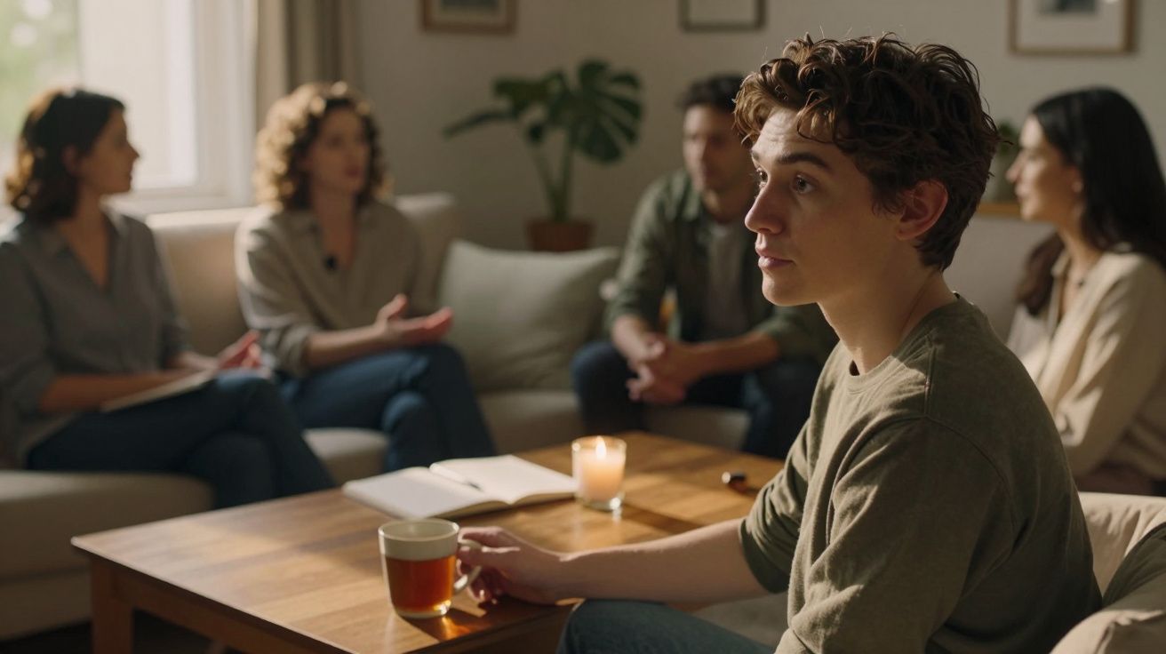 Jovem sentado à mesa com chá, com grupo de pessoas a conversar ao fundo numa sala acolhedora.