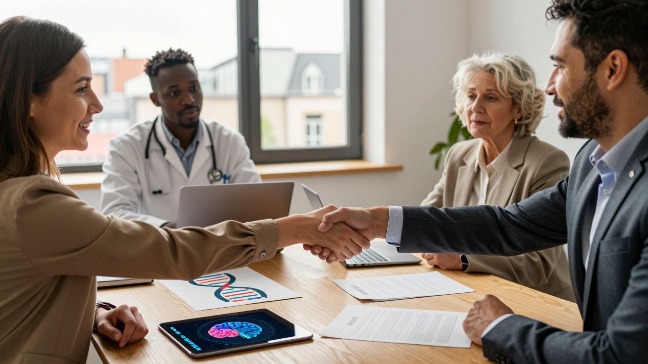 Duas pessoas a dar as mãos numa reunião médica, com médico e outra pessoa a observar numa sala iluminada.