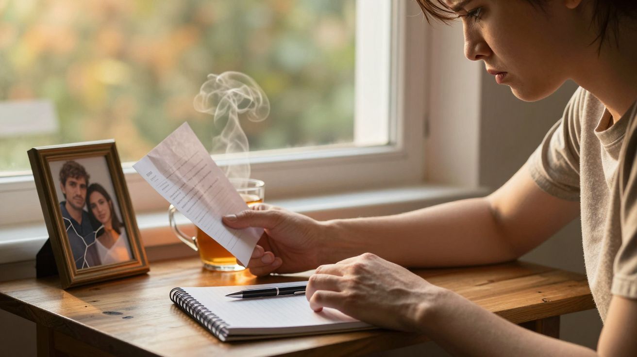 Pessoa a ler carta junto a fotografia partida de casal numa mesa com chá quente e caderno aberto.
