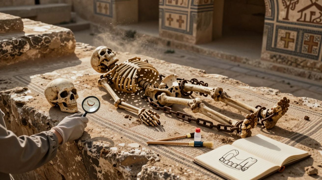 Esqueleto humano antigo com caveira solta, cadeias, lupa e ferramentas arqueológicas numa tumba decorada histórica.