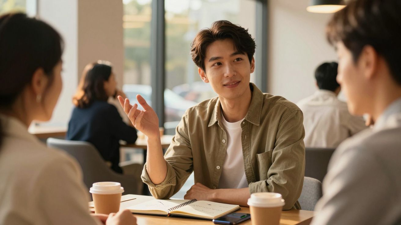 Jovem a conversar com duas pessoas numa mesa de café com cadernos e copos de café.