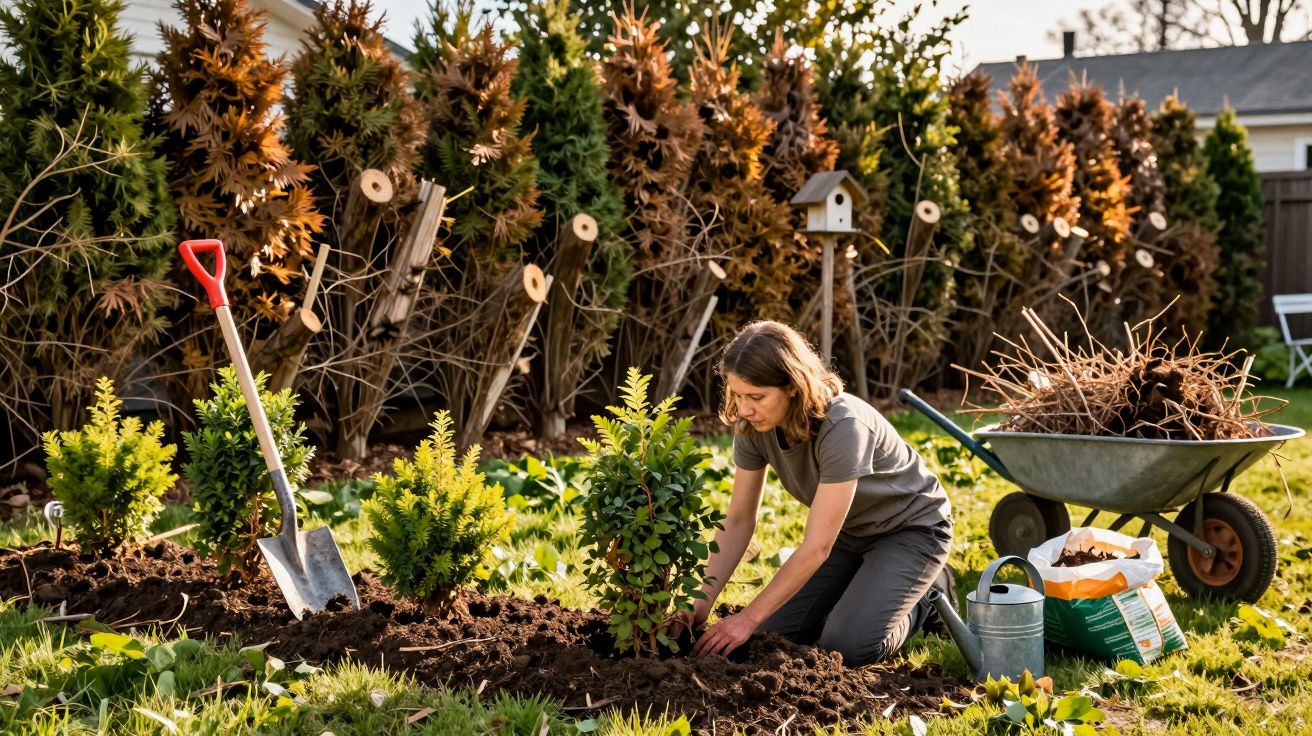 Mulher a plantar arbusto num jardim com carrinho de mão, regador e enxada ao lado.