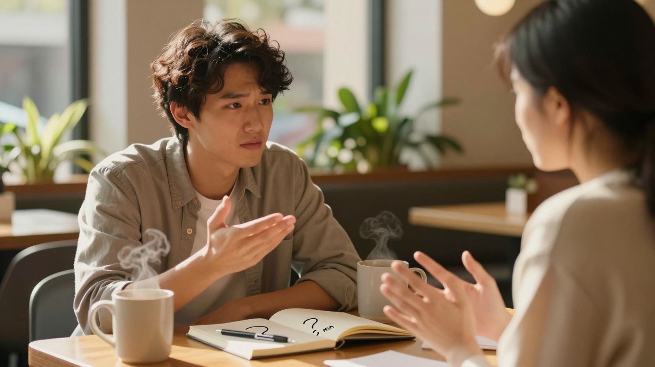 Dois jovens conversam seriamente numa mesa com cadernos e cafés fumegantes num ambiente acolhedor.