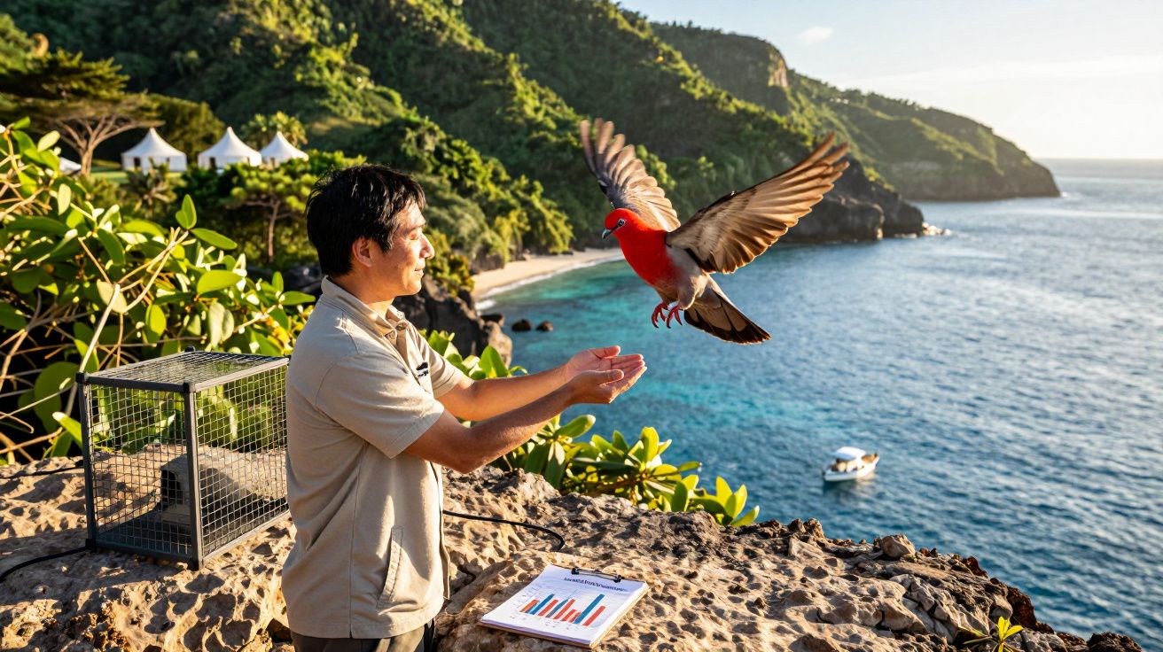 Homem liberta pombo vermelho à beira de falésia com mar e vegetação ao fundo ao pôr do sol.