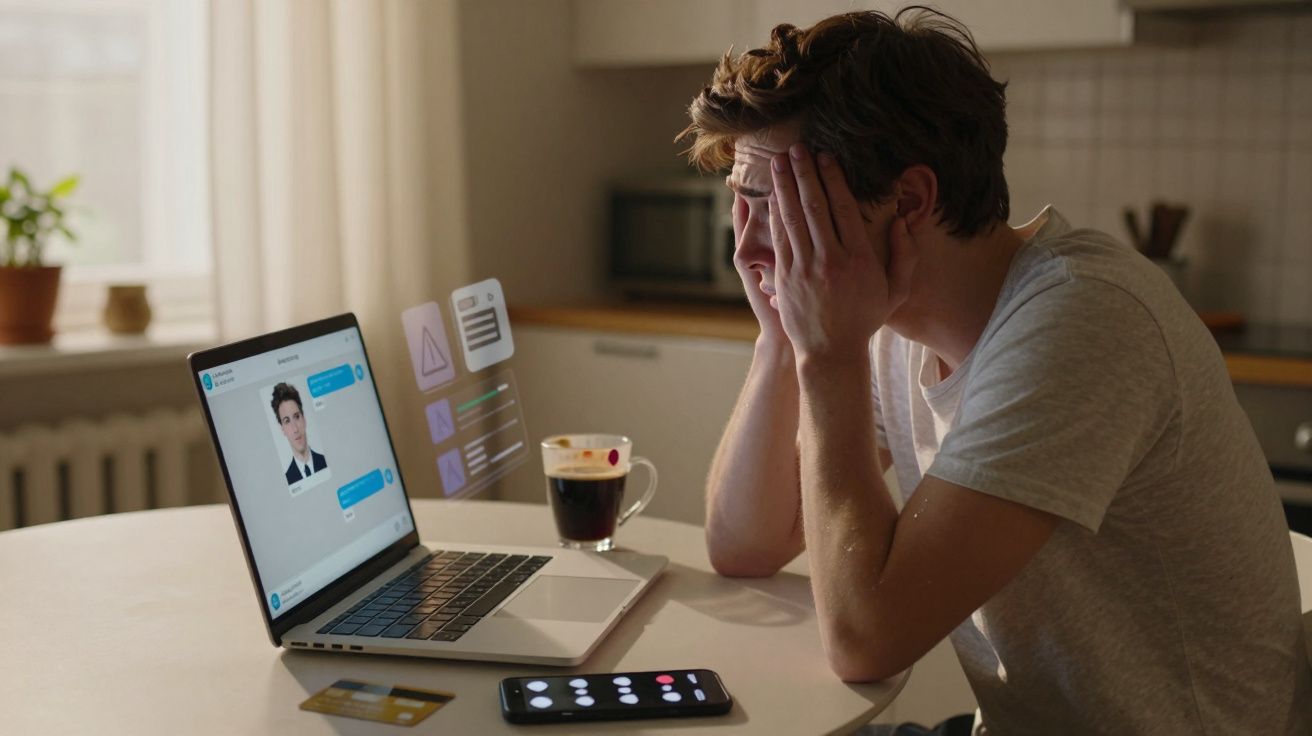 Homem frustrado com as mãos na cara a olhar para um computador portátil numa cozinha.