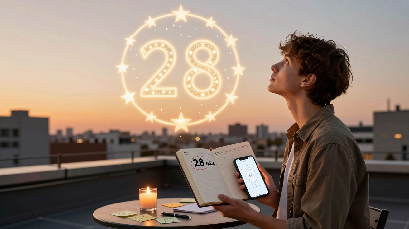 Pessoa sentada numa varanda ao pôr do sol, segurando caderno e telemóvel com o número 28 iluminado no céu.