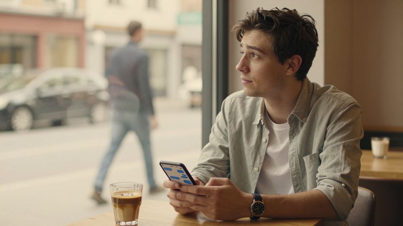 Jovem sentado numa cafetaria, segurando telemóvel e olhando pela janela, com bebida na mesa.