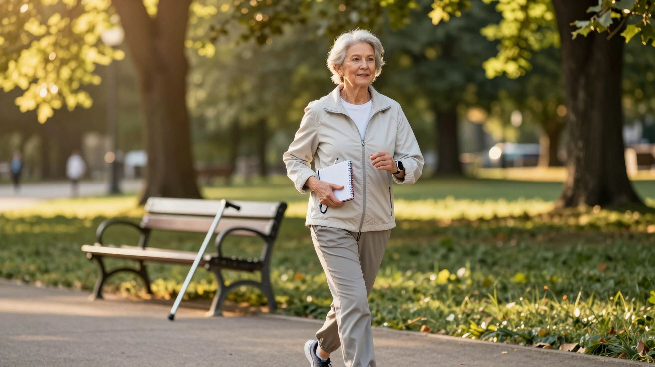 Mulher idosa a caminhar num parque com bengala encostada a um banco e bloco de notas na mão.