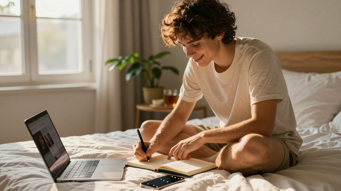 Jovem sentado na cama a escrever num caderno com portátil e telemóvel à sua frente, luz natural entra pela janela.