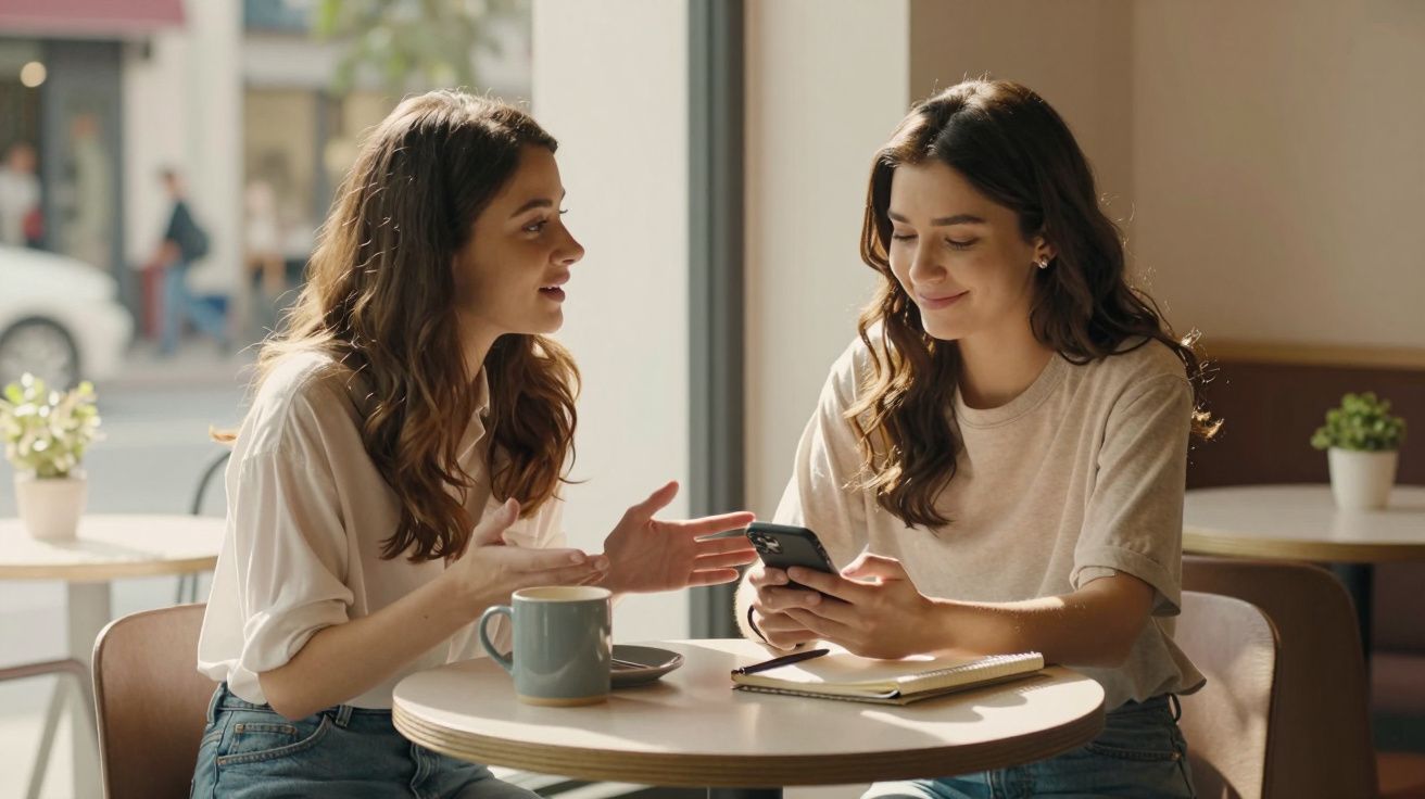 Duas mulheres sentadas à mesa de um café, uma conversa enquanto a outra vê o telemóvel.