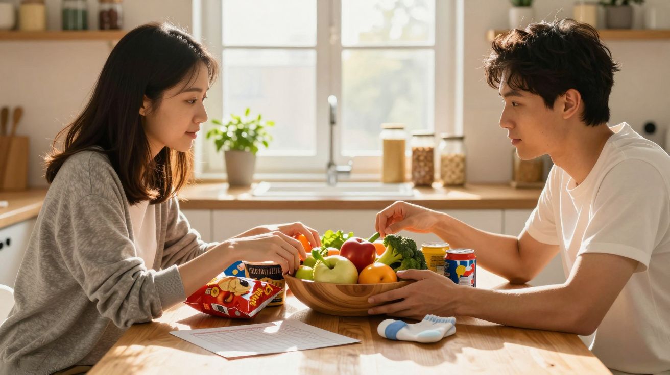Casal jovem sentado à mesa da cozinha com frutas e snacks, em conversa.
