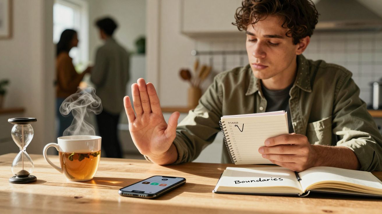 Jovem a recusar uma chamada enquanto estuda num ambiente doméstico com chá e ampulheta na mesa.
