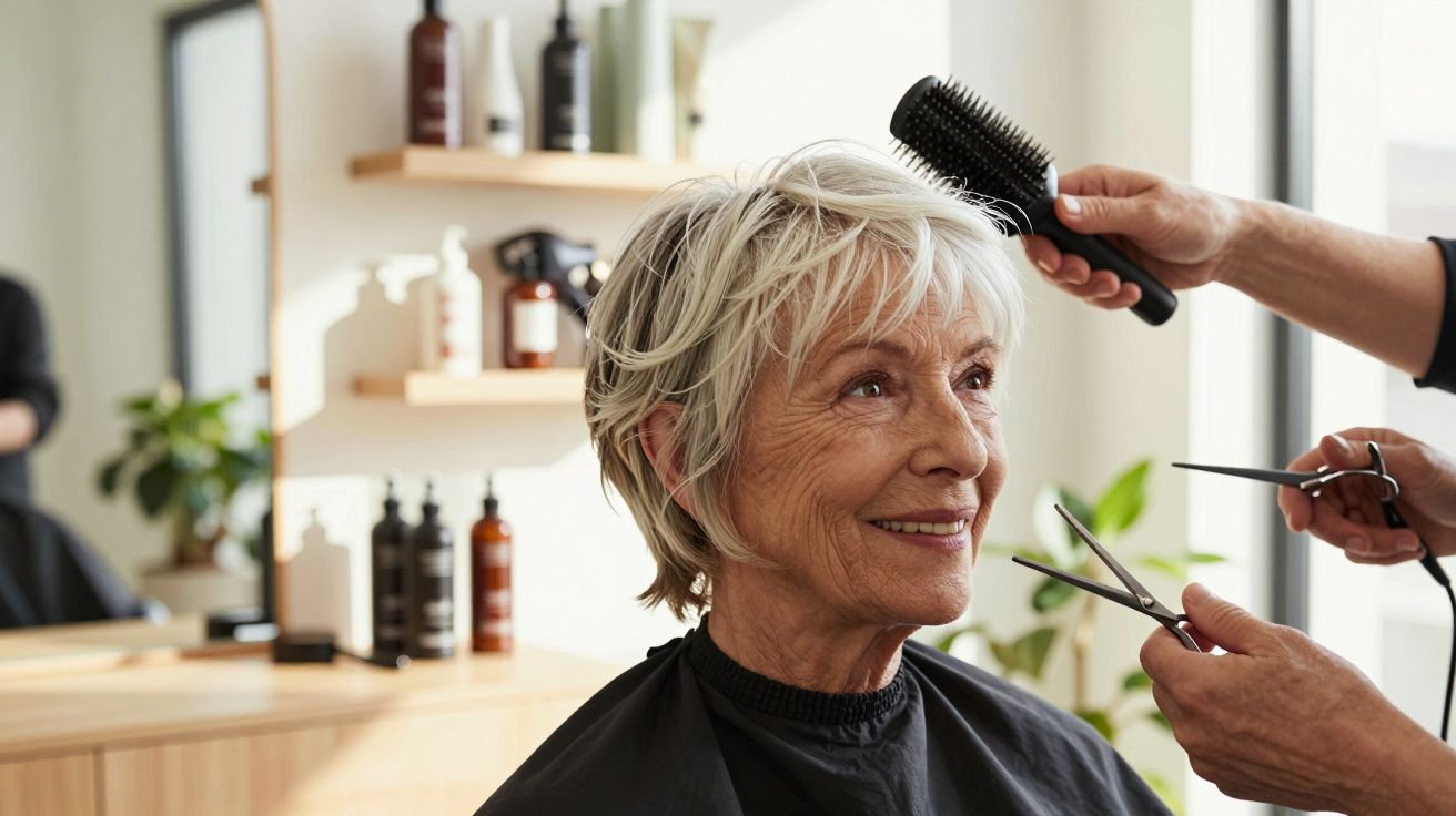 Idosa sorridente a receber corte de cabelo num salão de beleza, com ferramentas de cabeleireiro em mãos.
