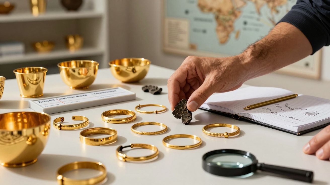 Mão segurando artefato antigo com joias e cadernos sobre mesa analisadas com lupa.