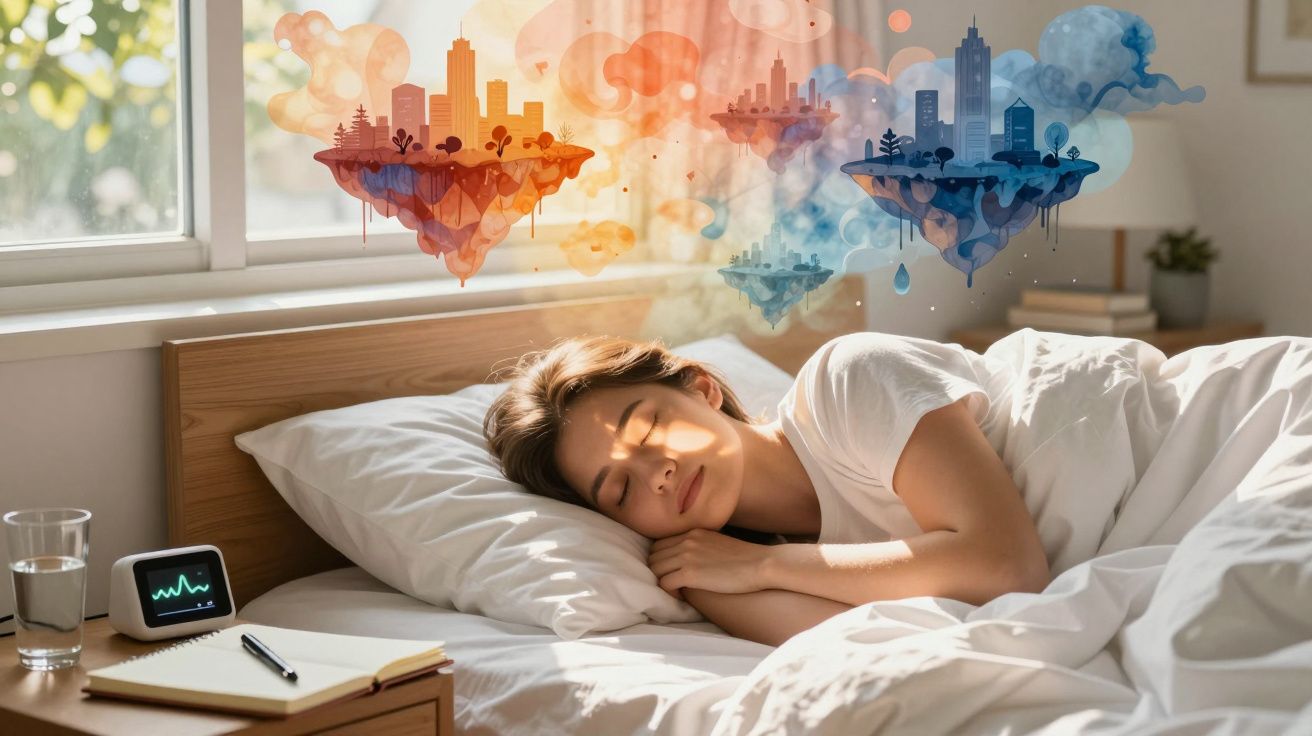 Pessoa a dormir na cama com imagens coloridas de cidades flutuantes a surgir acima da cabeça, simbolizando sonhos.