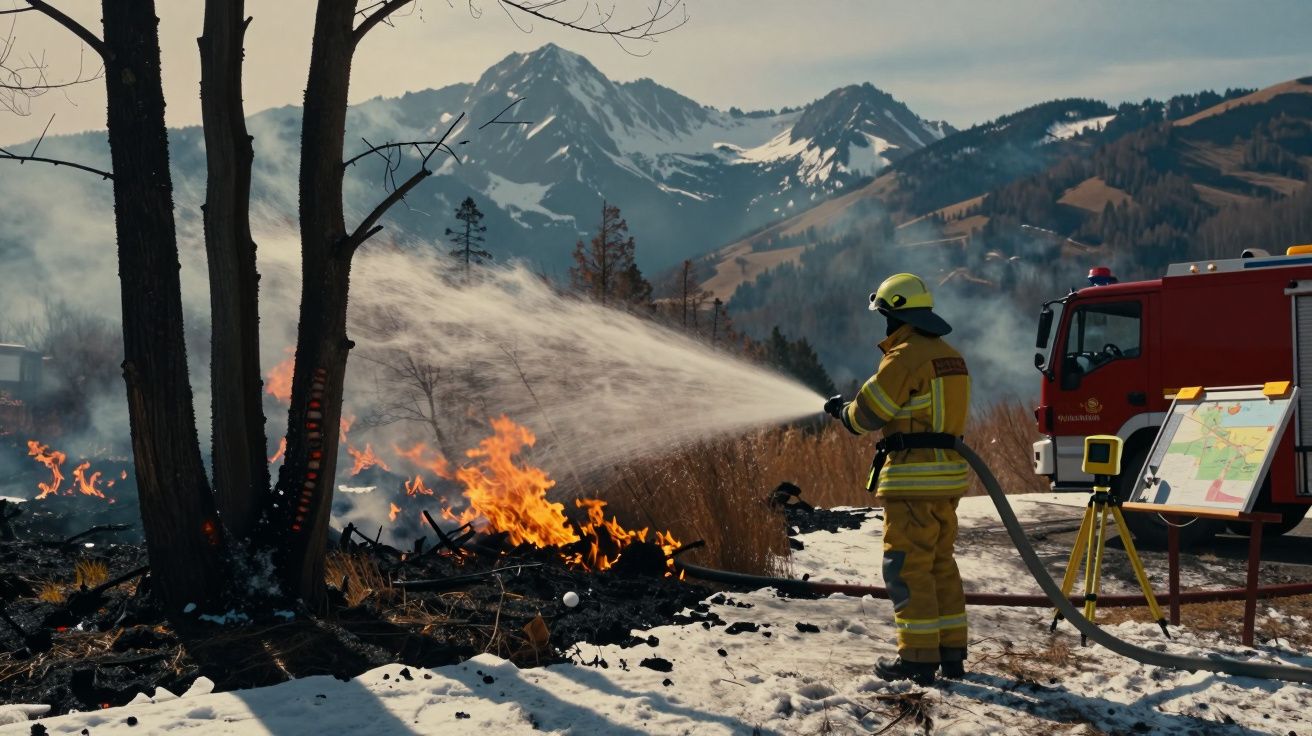 Bombeiro em equipamento combate incêndio florestal com neve e montanhas ao fundo.