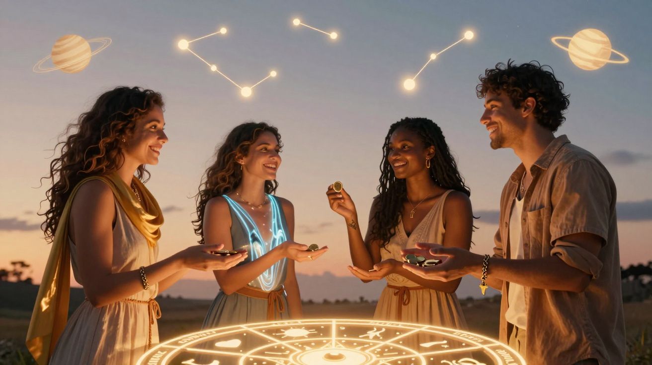 Quatro jovens reunidos ao ar livre ao pôr do sol com símbolos astrológicos iluminados ao redor.