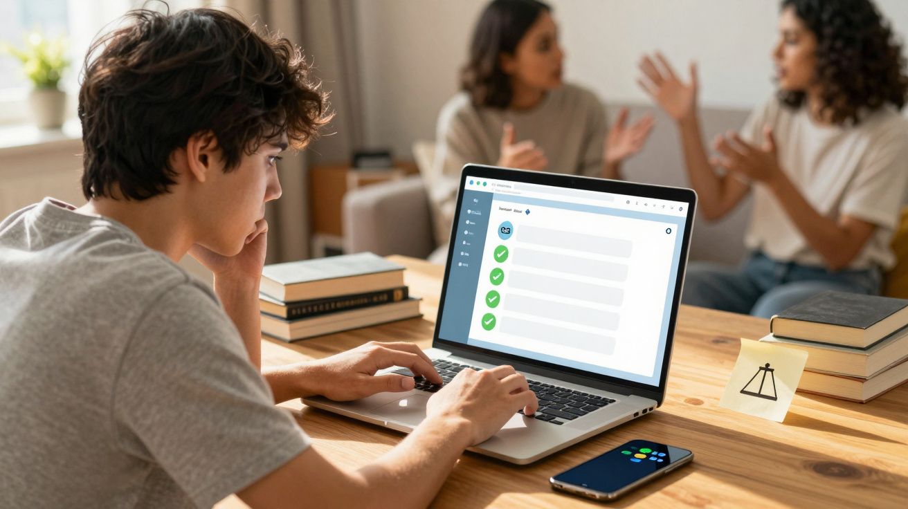 Jovem a trabalhar num portátil com checklist, enquanto duas mulheres conversam ao fundo numa sala.