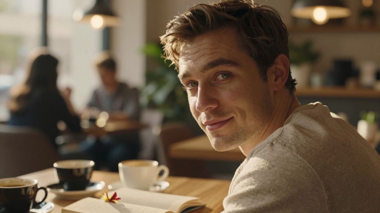 Homem jovem sentado numa mesa de café com livros e chávenas, olhando para a câmara com sorriso subtil.