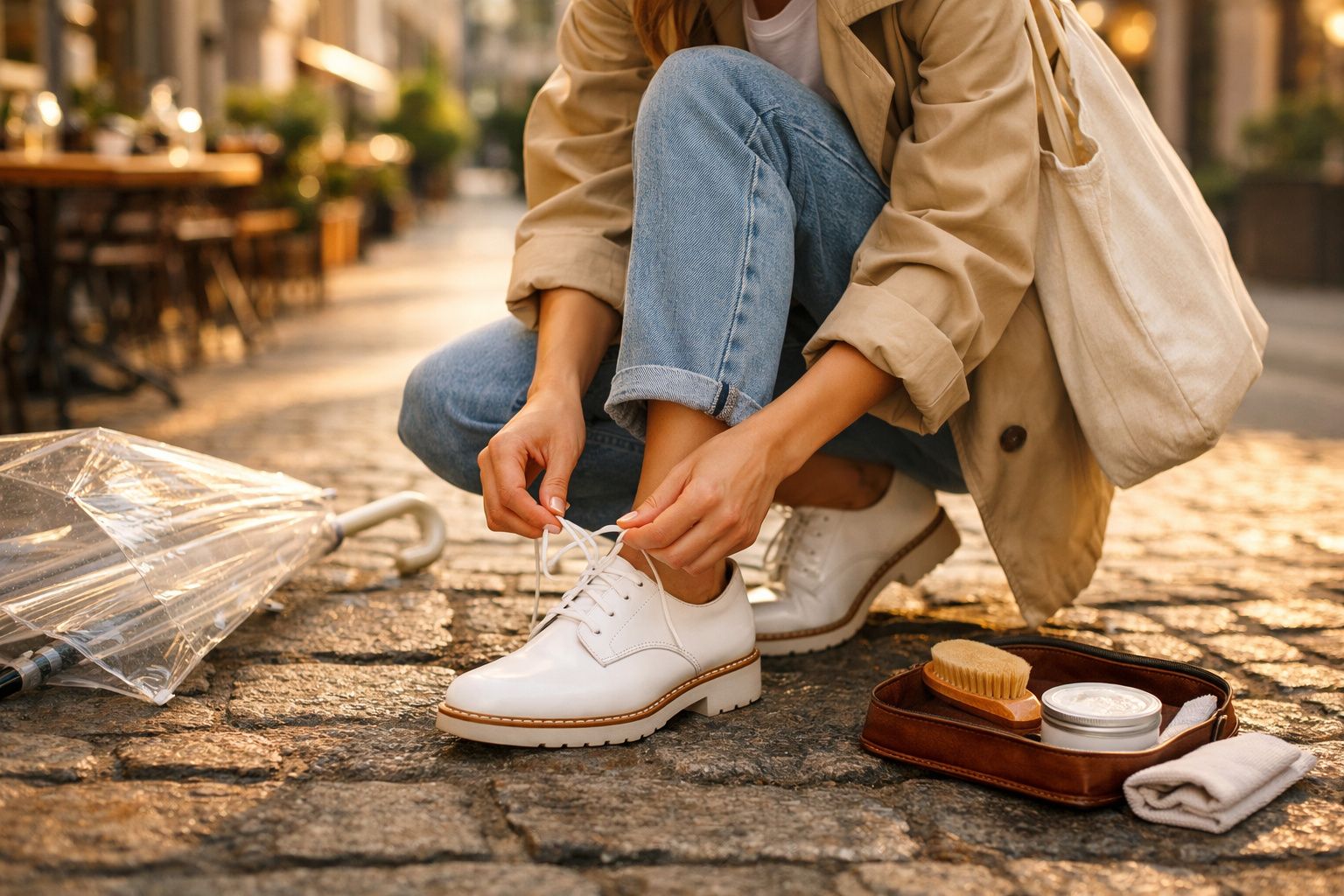Pessoa a amarrar atacadores de sapatos brancos ao ar livre numa calçada com guarda-chuva transparente ao lado.