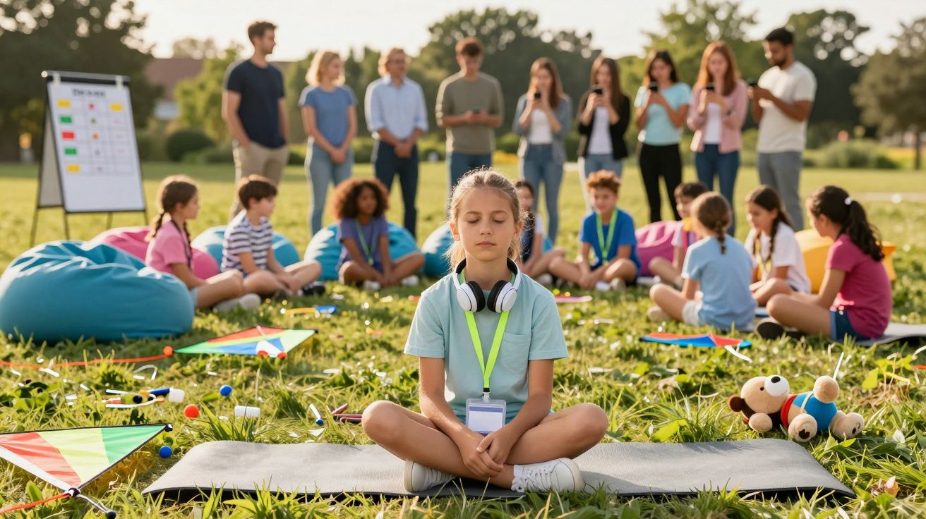 Criança em posição de meditação ao ar livre com grupo de crianças e adultos em atividade no parque.