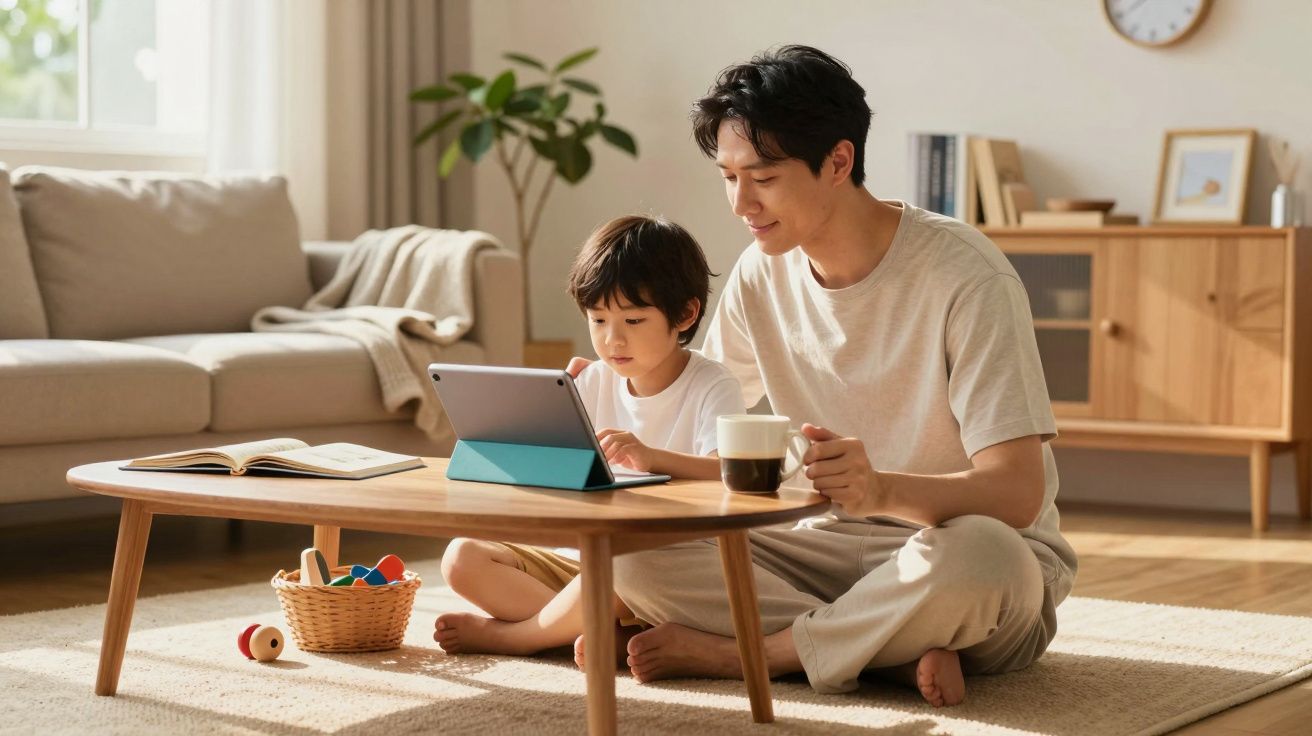 Pai e filho sentados no chão em sala iluminada, usando tablet junto a mesa baixa com café e livros.
