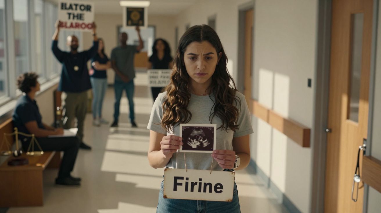 Mulher preocupada segura ecografia e cartaz “Firine” com pessoas a protestar ao fundo num corredor.